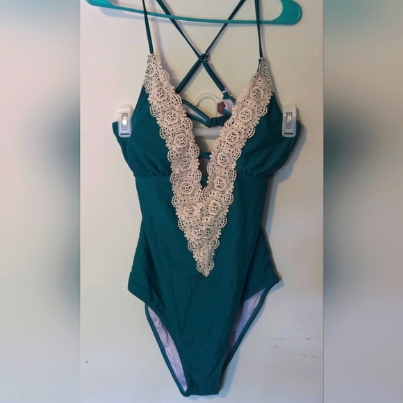 Teal One-Piece Swimsuit with Lace Detail - Picture 1 of 2